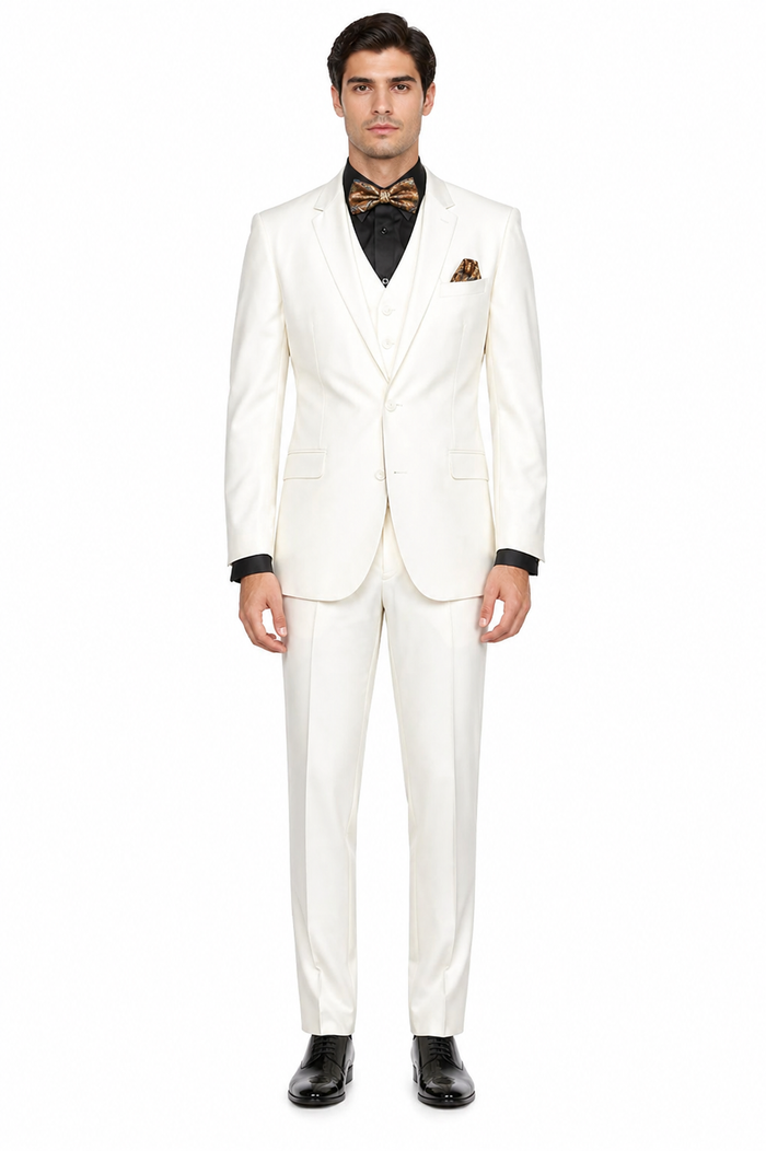 Mens 2 Button Notch Lapel 3 PC Suit With Vest Off-White