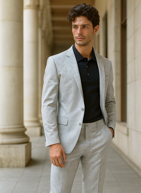 Mens 2 Button Slim Fit Paisley Prom Suit in Silver