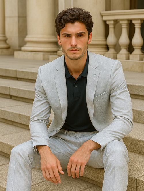 Mens 2 Button Slim Fit Paisley Prom Suit in Silver