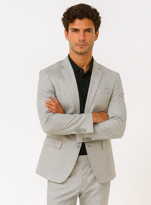 Mens 2 Button Slim Fit Paisley Prom Suit in Silver