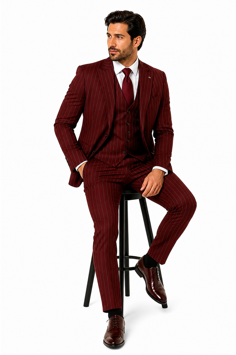Mens 2 Button Vested 3 Piece Gangster Bold Pinstripe Suit in Burgundy