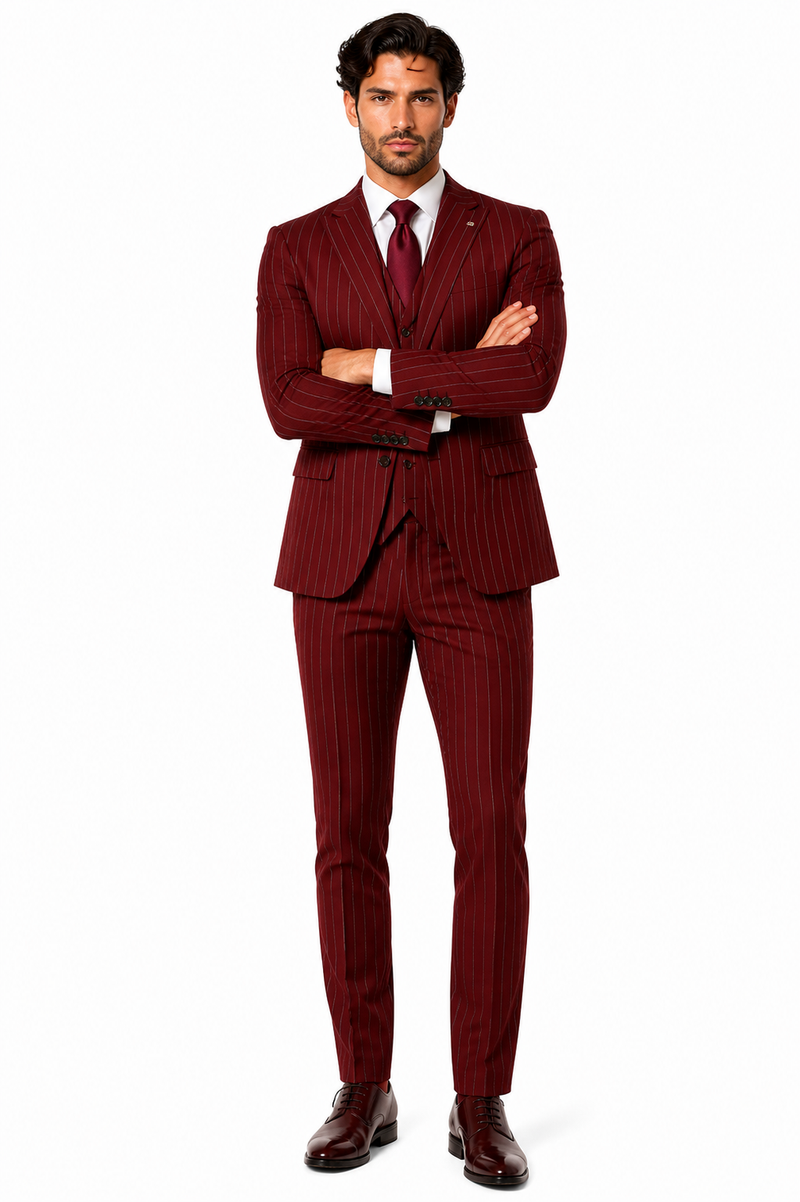 Mens 2 Button Vested 3 Piece Gangster Bold Pinstripe Suit in Burgundy