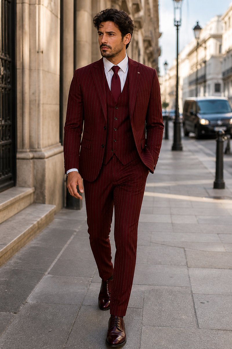 Mens 2 Button Vested 3 Piece Gangster Bold Pinstripe Suit in Burgundy