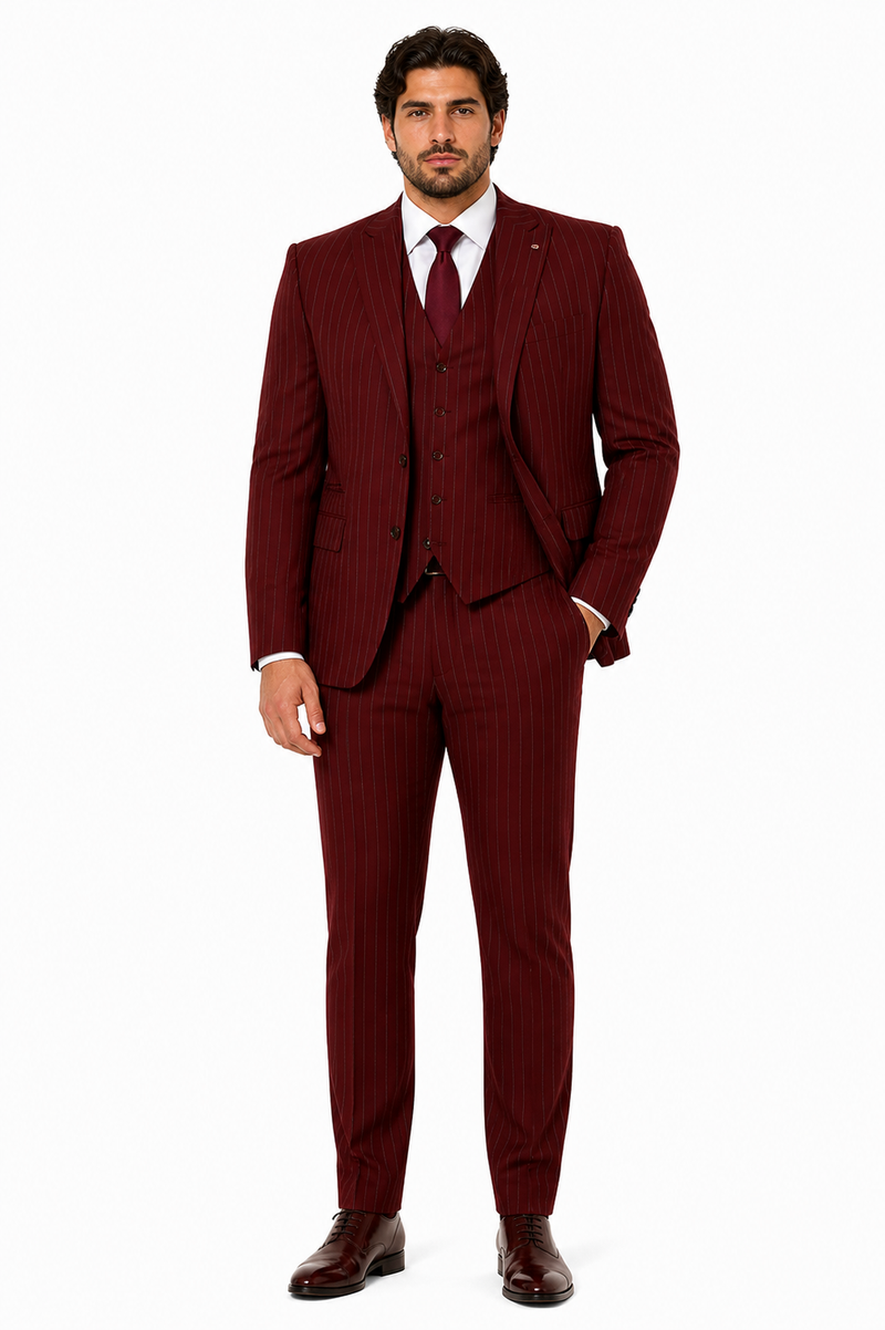 Mens 2 Button Vested 3 Piece Gangster Bold Pinstripe Suit in Burgundy