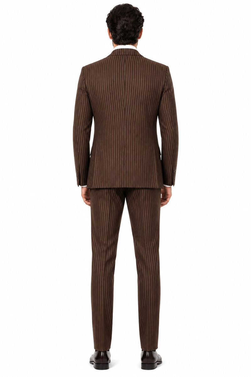 Mens 2 Button Vested Bold Pinstripe Gangster Suit in Brown