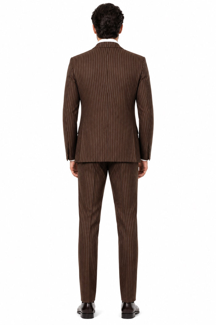 Mens 2 Button Vested Bold Pinstripe Gangster Suit in Brown