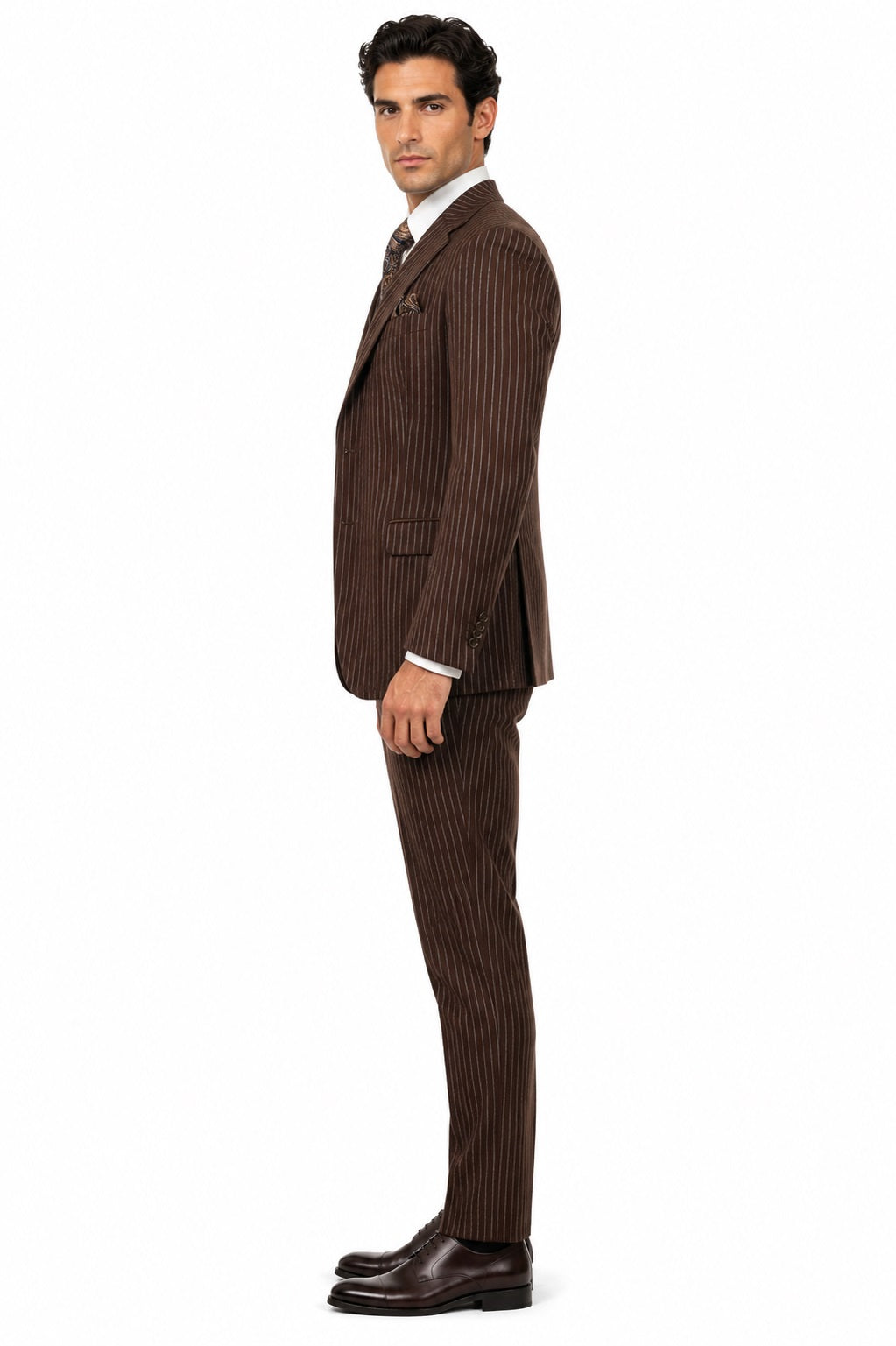 Mens 2 Button Vested Bold Pinstripe Gangster Suit in Brown
