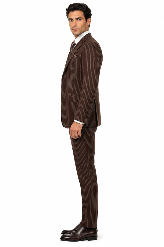Mens 2 Button Vested Bold Pinstripe Gangster Suit in Brown