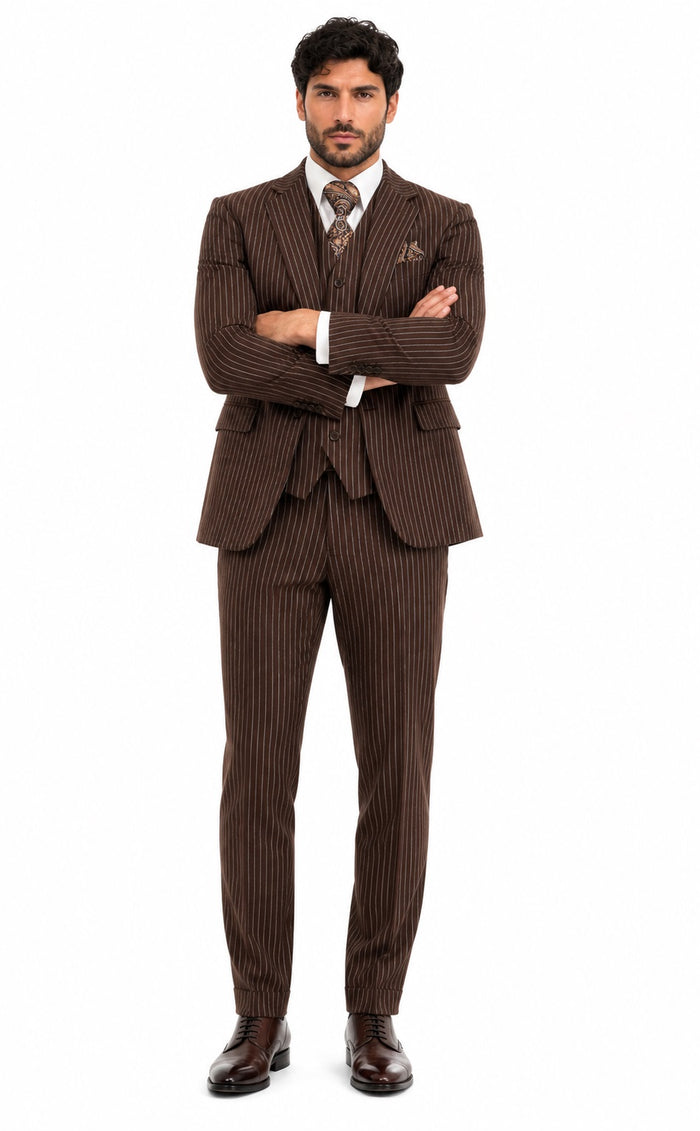 Mens 2 Button Vested Bold Pinstripe Gangster Suit in Brown