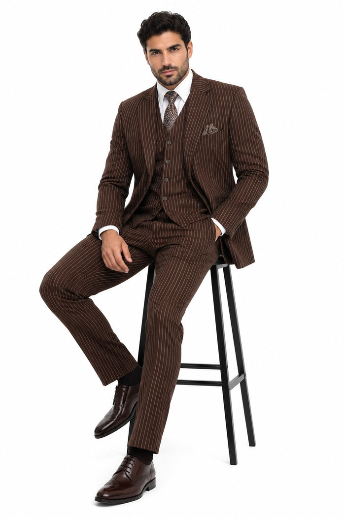 Mens 2 Button Vested Bold Pinstripe Gangster Suit in Brown