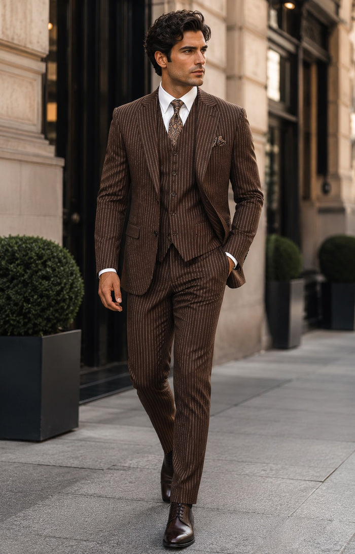 Mens 2 Button Vested Bold Pinstripe Gangster Suit in Brown