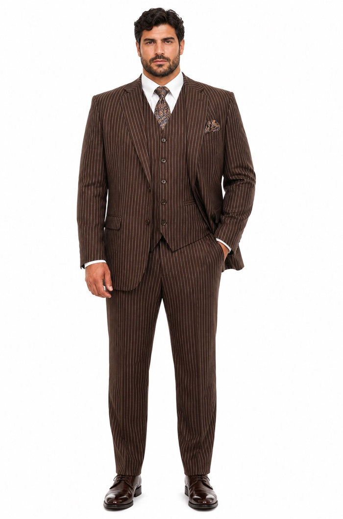 Mens 2 Button Vested Bold Pinstripe Gangster Suit in Brown