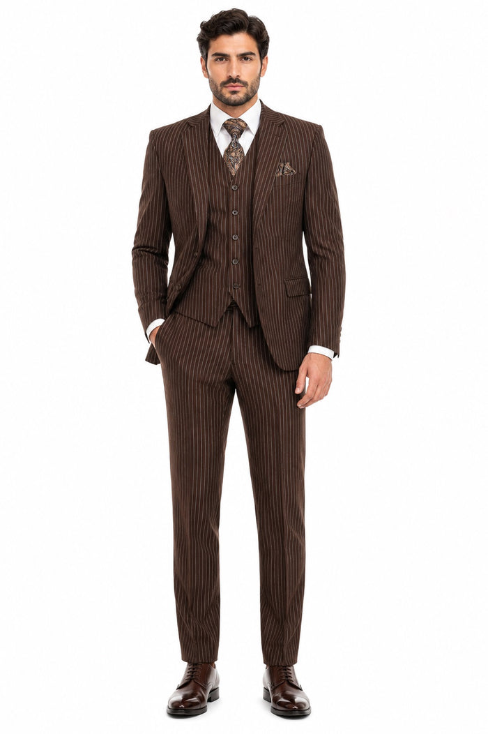 Mens 2 Button Vested Bold Pinstripe Gangster Suit in Brown