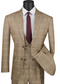 Marc Darcy wedding suit: 2-button, vested peak lapel. Camel color with plaid windowpane pattern. Smooth fabric, matching trousers, and consistent tonal plaid variations.