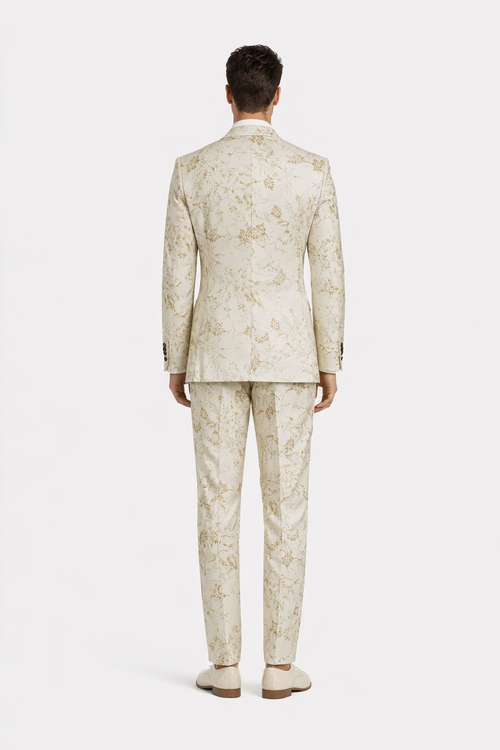 Mens 2 Button White with Gold Foil Floral Paisley Prom and Wedding Tuxedo