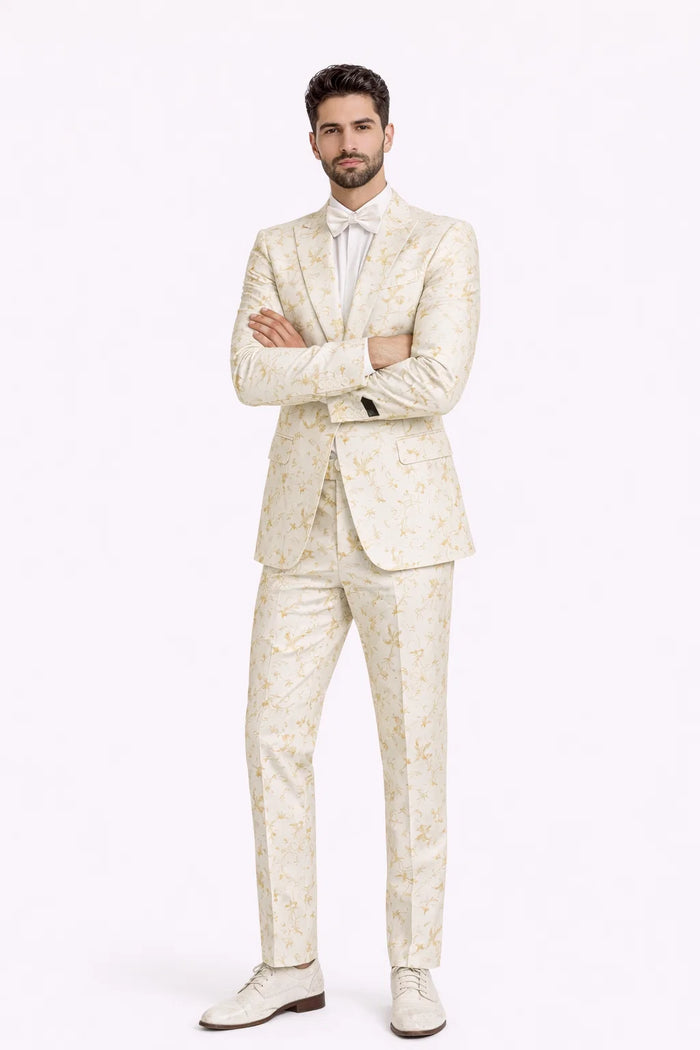 Mens 2 Button White with Gold Foil Floral Paisley Prom and Wedding Tuxedo