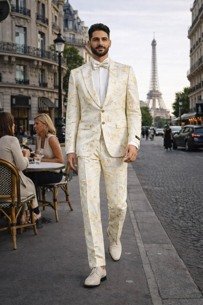 Mens 2 Button White with Gold Foil Floral Paisley Prom and Wedding Tuxedo