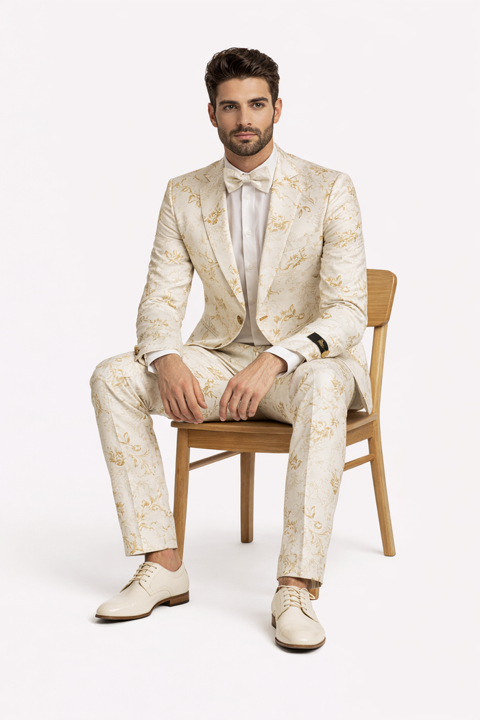 Mens 2 Button White with Gold Foil Floral Paisley Prom and Wedding Tuxedo