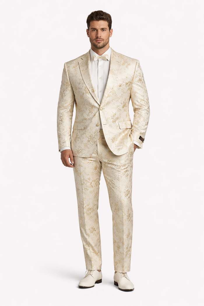 Mens 2 Button White with Gold Foil Floral Paisley Prom and Wedding Tuxedo
