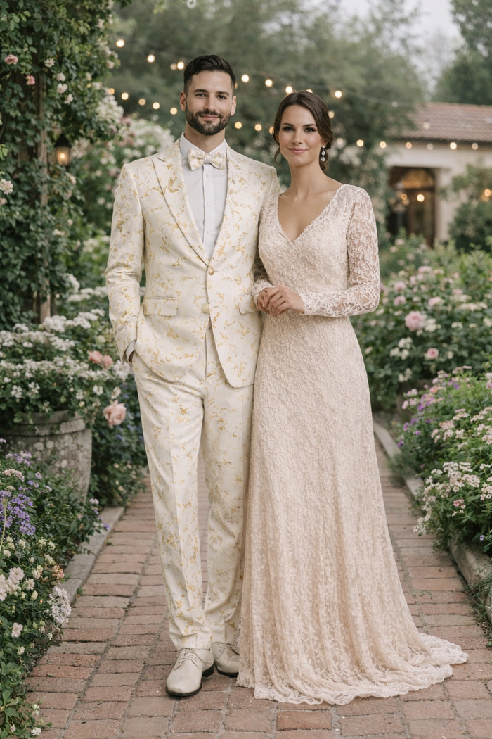 Mens 2 Button White with Gold Foil Floral Paisley Prom and Wedding Tuxedo