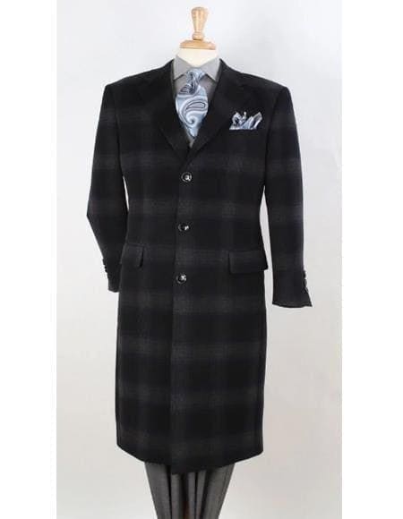 Men 3 Button Coat Black Window Pane Plaid Chesterfield Overcoats