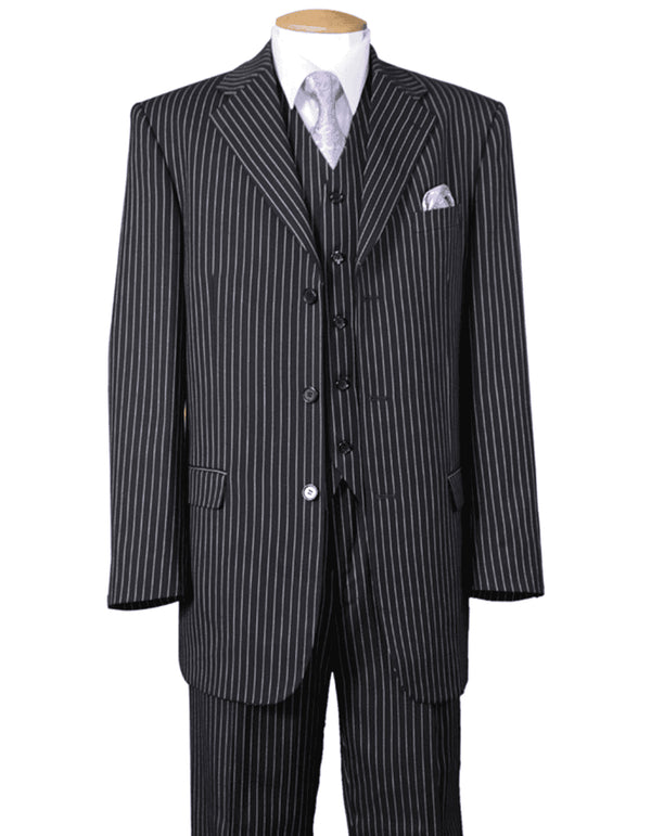 Mens 3 Button Notch Lapel Bold Pinstripe Gangster Suit in Black - AlbertoNardoniStore