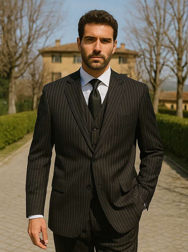 Men's 3-Piece Black Bold White Chalk Bold Pinstripe Vested Cheap Priced Business Suits Clearance Sale