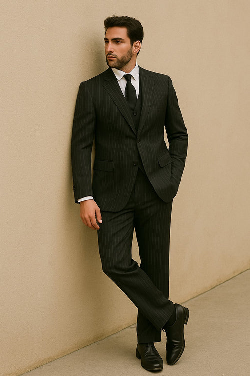 Men's 3-Piece Black Bold White Chalk Bold Pinstripe Vested Cheap Priced Business Suits Clearance Sale