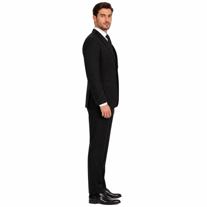 Men's 3-Piece Black Bold White Chalk Bold Pinstripe Vested Cheap Priced Business Suits Clearance Sale
