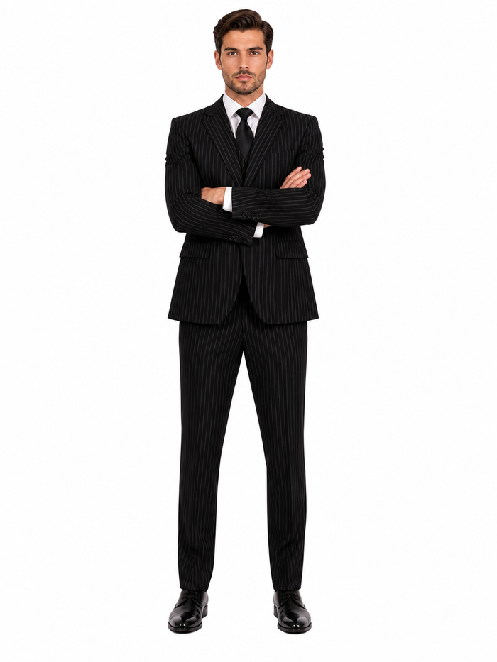 Men's 3-Piece Black Bold White Chalk Bold Pinstripe Vested Cheap Priced Business Suits Clearance Sale