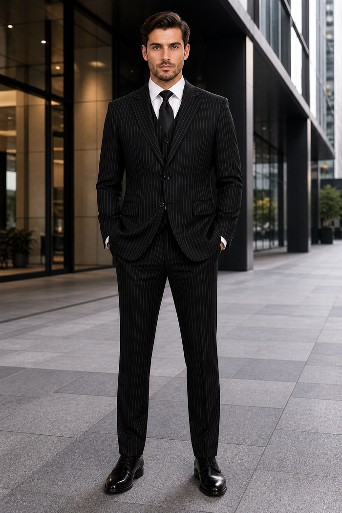 Men's 3-Piece Black Bold White Chalk Bold Pinstripe Vested Cheap Priced Business Suits Clearance Sale