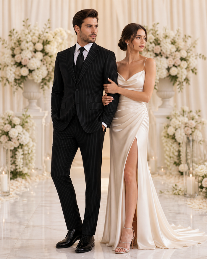 Men's 3-Piece Black Bold White Chalk Bold Pinstripe Vested Cheap Priced Business Suits Clearance Sale