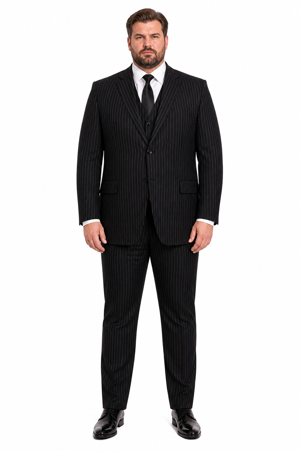 Men's 3-Piece Black Bold White Chalk Bold Pinstripe Vested Cheap Priced Business Suits Clearance Sale