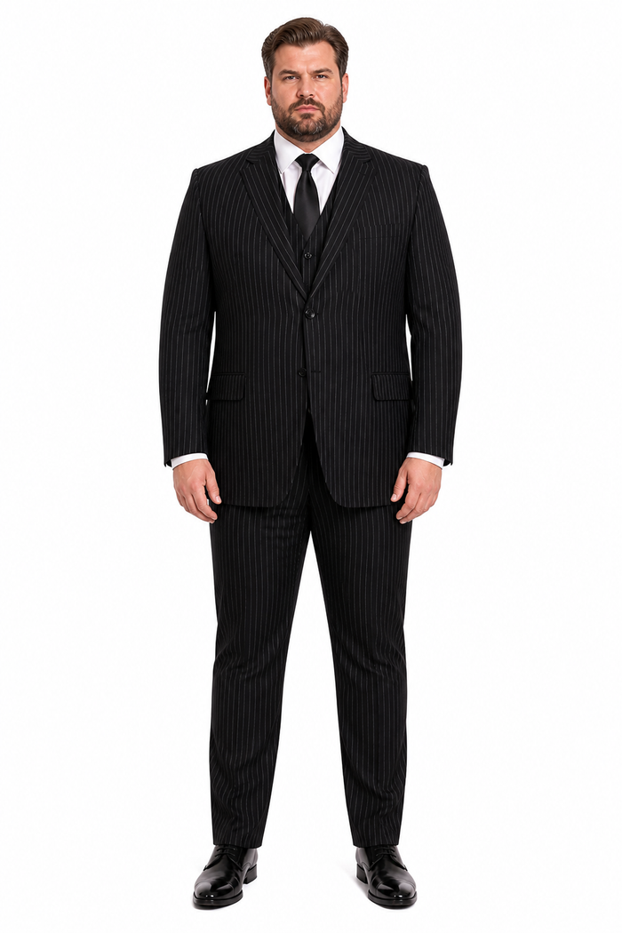 Men's 3-Piece Black Bold White Chalk Bold Pinstripe Vested Cheap Priced Business Suits Clearance Sale