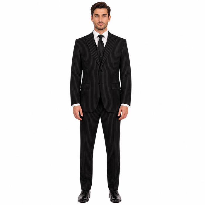 Men's 3-Piece Black Bold White Chalk Bold Pinstripe Vested Cheap Priced Business Suits Clearance Sale