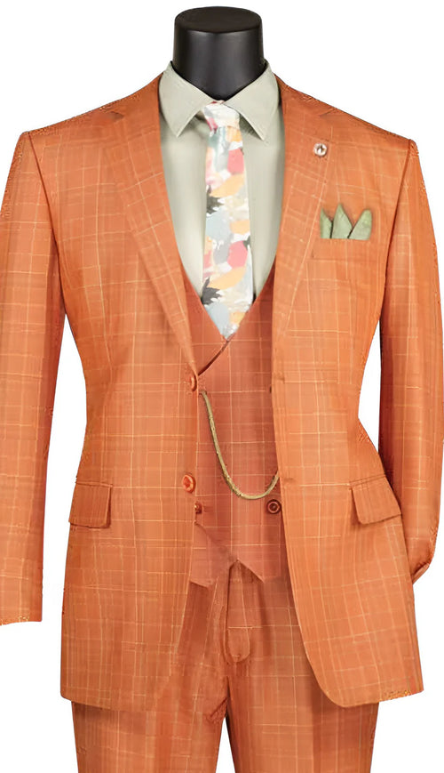 Vinci Mens Orange Three Piece Suit – Orange Windowpane Plaid 3PC Formal Suit for Wedding, Church and Business Holloween Color