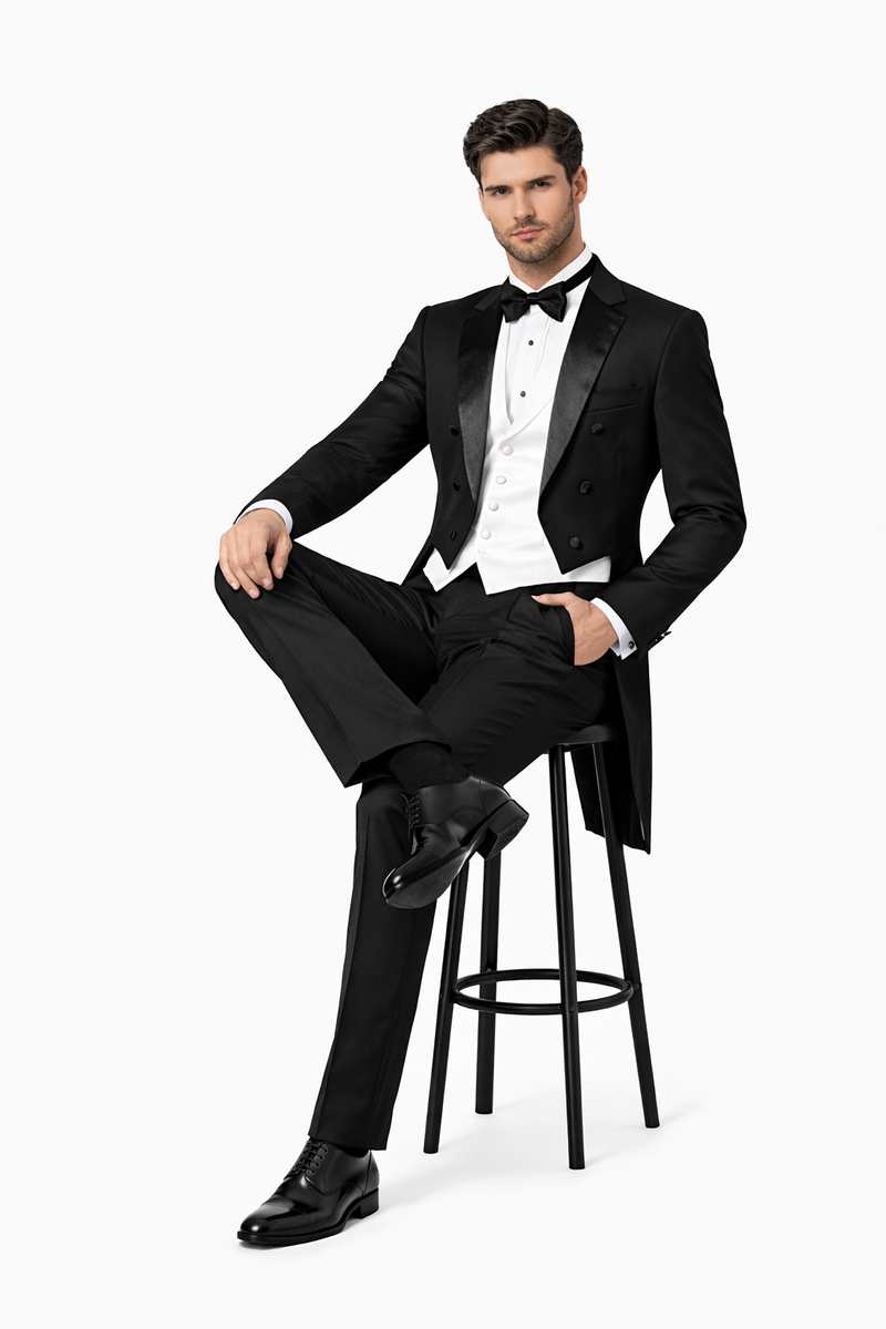 Mens 3pc Vested Classic  6 button Tail Tuxedo in Black