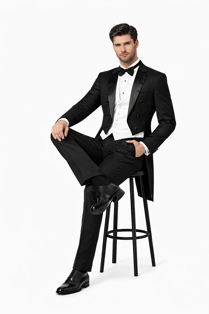 Mens 3pc Vested Classic  6 button Tail Tuxedo in Black