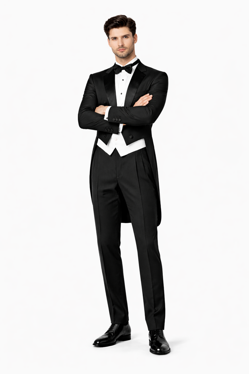 Mens 3pc Vested Classic  6 button Tail Tuxedo in Black