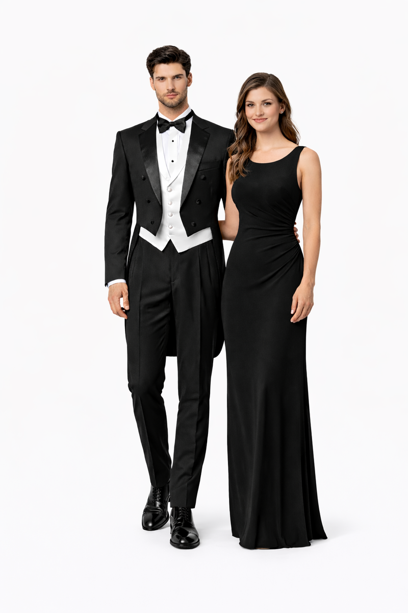 Mens 3pc Vested Classic  6 button Tail Tuxedo in Black