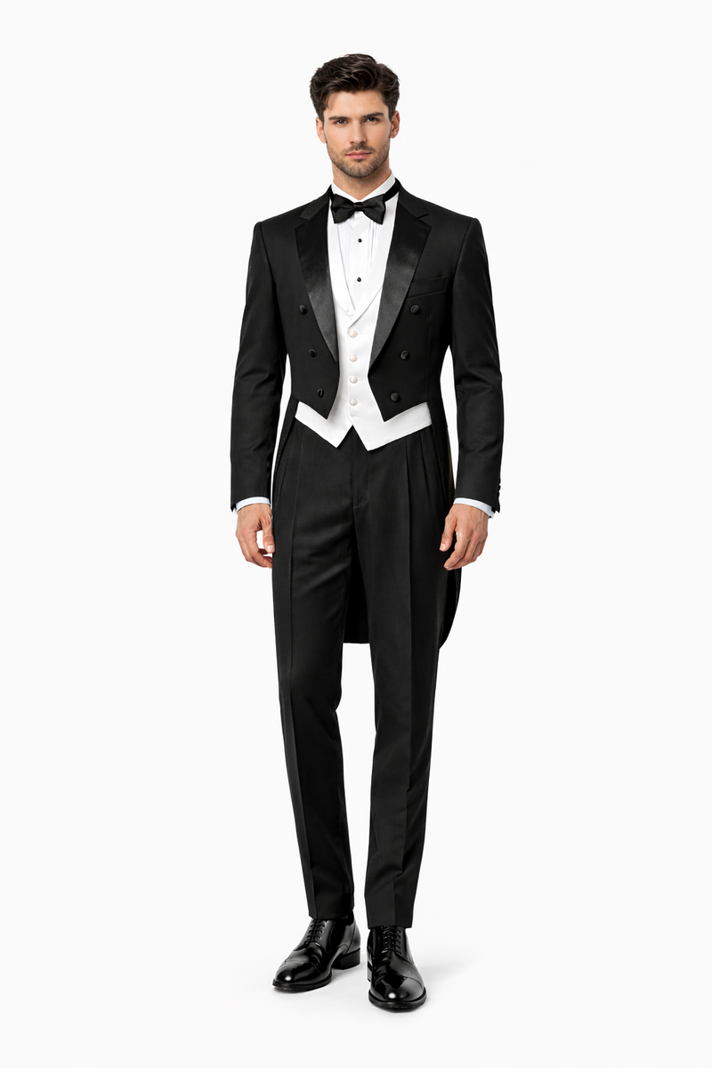Mens 3pc Vested Classic  6 button Tail Tuxedo in Black