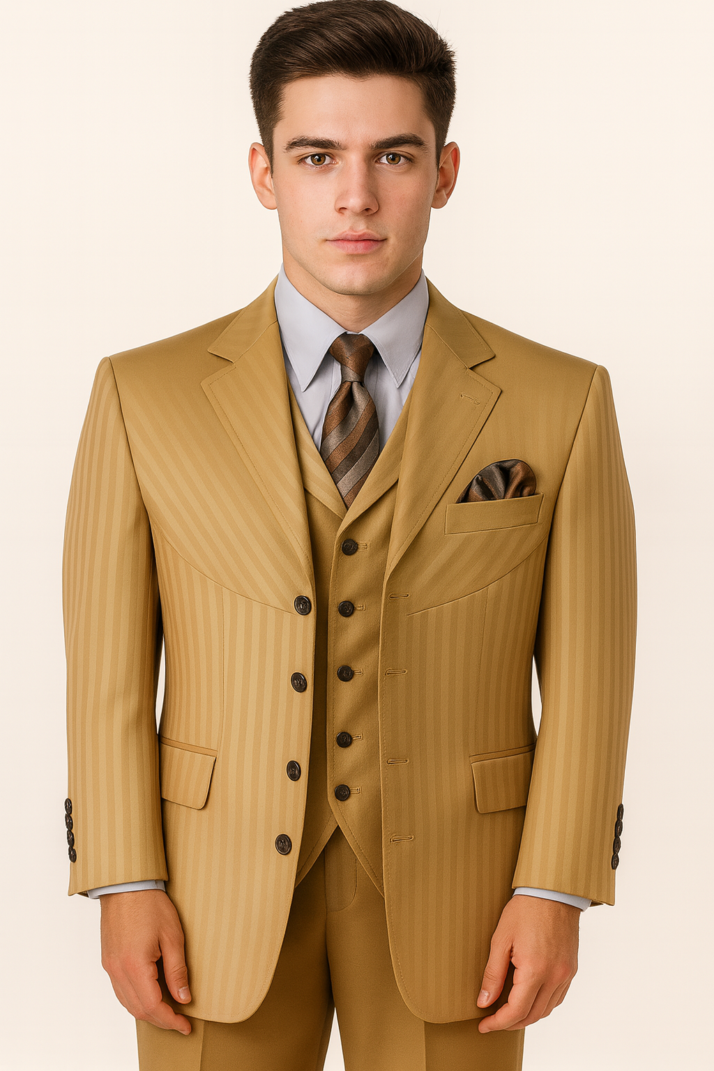 Mens 4 button Semi Wide Leg Shiny Tonal Stripe Fashion Gold Suit