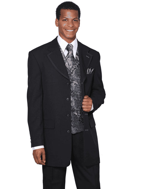 Mens 4 Button Wide Notch Lapel Fashion Zoot Suit in Black - AlbertoNardoniStore