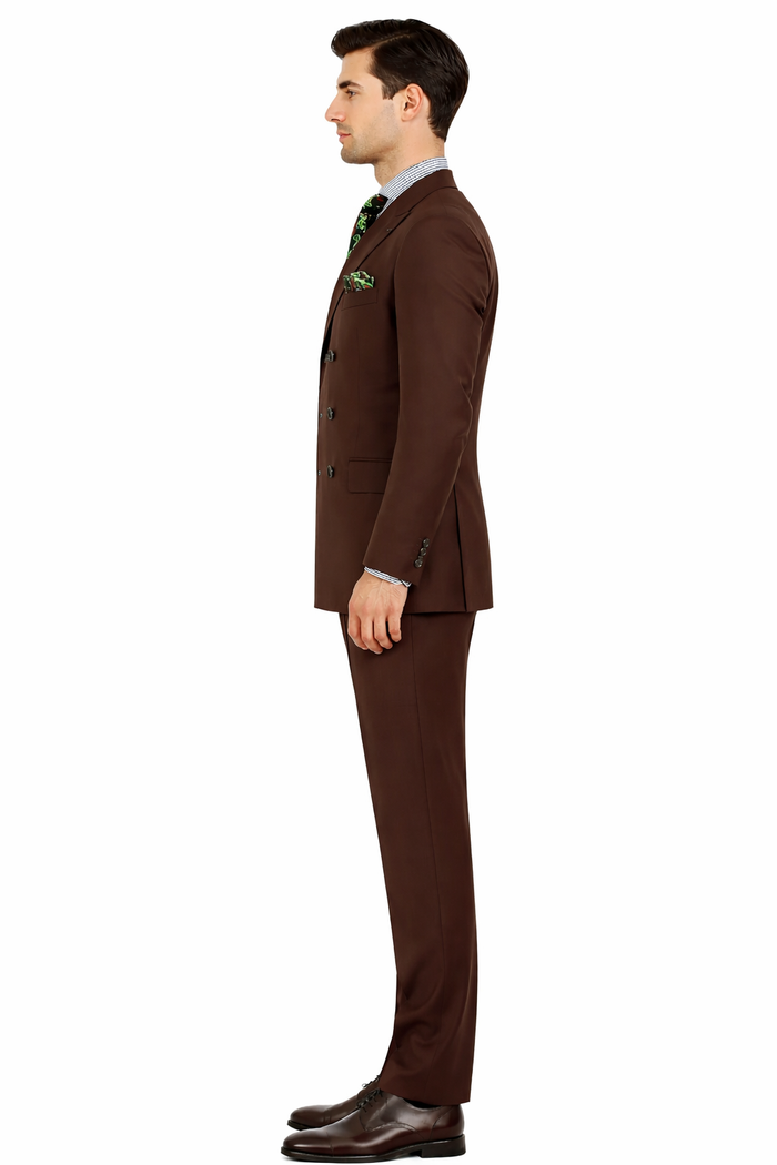 Men’s 6 on 3 Style Brown Double Breasted Suit with Wide Leg Pleated Pants, Classic Formal 2 Piece Dress Suit Set