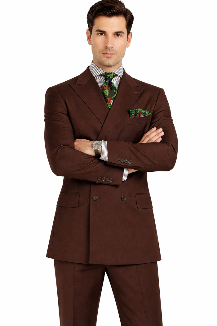 Men’s 6 on 3 Style Brown Double Breasted Suit with Wide Leg Pleated Pants, Classic Formal 2 Piece Dress Suit Set