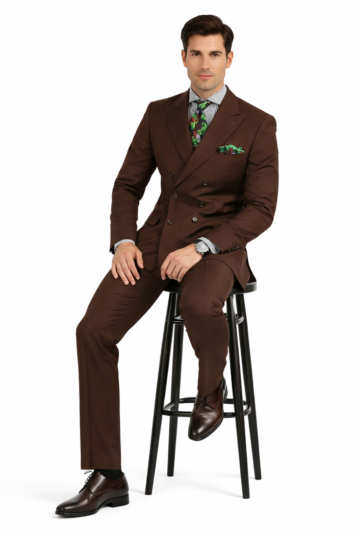 Men’s 6 on 3 Style Brown Double Breasted Suit with Wide Leg Pleated Pants, Classic Formal 2 Piece Dress Suit Set