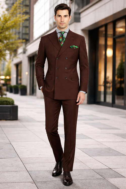 Men's 6 on 3 Style Brown Double Breasted Suit with Wide Leg Pleated Pants, Classic Formal 2 Piece Dress Suit Set | Alberto Nardoni Men's 6 on 3 Style Brown Double Breasted Suit with Wide Leg Pleated Pants, Classic Formal 2 Piece Dress Suit Set | Alberto Nardoni