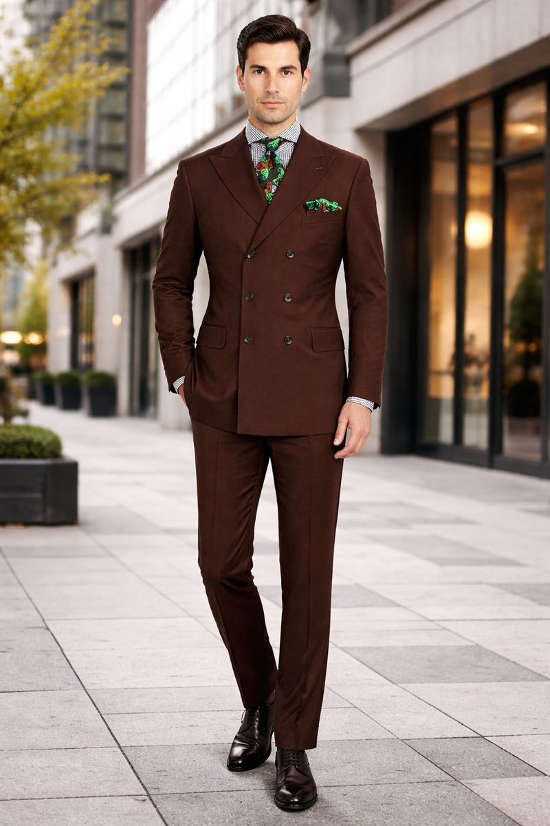 Men’s 6 on 3 Style Brown Double Breasted Suit with Wide Leg Pleated Pants, Classic Formal 2 Piece Dress Suit Set