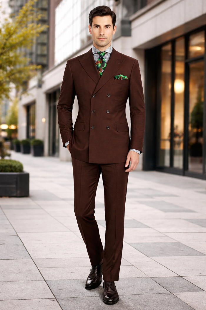 Men’s 6 on 3 Style Brown Double Breasted Suit with Wide Leg Pleated Pants, Classic Formal 2 Piece Dress Suit Set