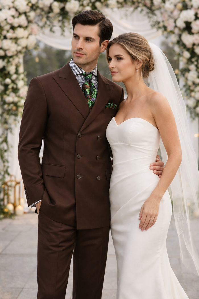Men’s 6 on 3 Style Brown Double Breasted Suit with Wide Leg Pleated Pants, Classic Formal 2 Piece Dress Suit Set
